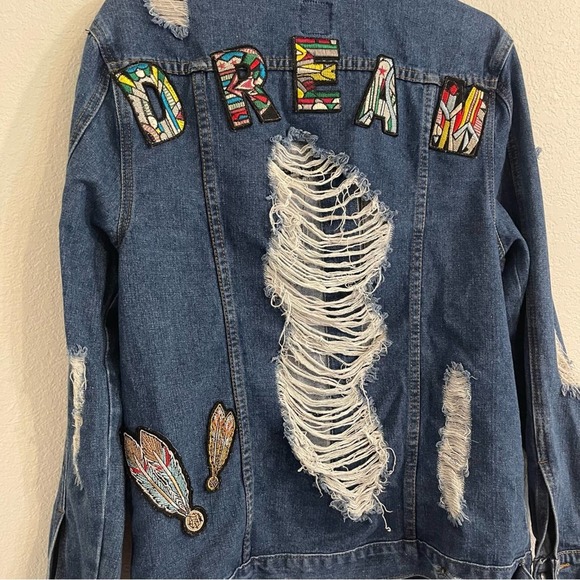 Custom Made Distressed Jean Jacket with Tribal Patches, Festival, Coachella - Picture 2 of 9